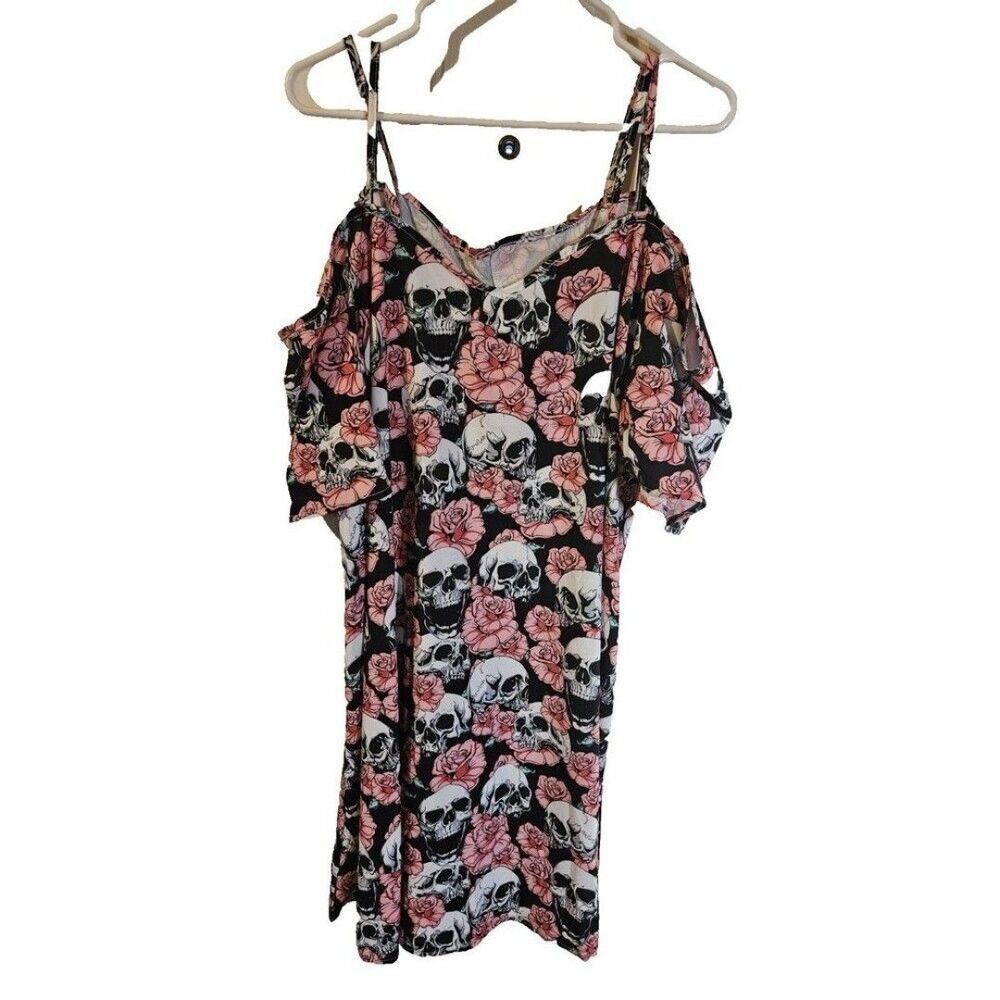 Hot Topic Black Rockabilly Skulls Pink Roses Spaghetti Straps Size XXL